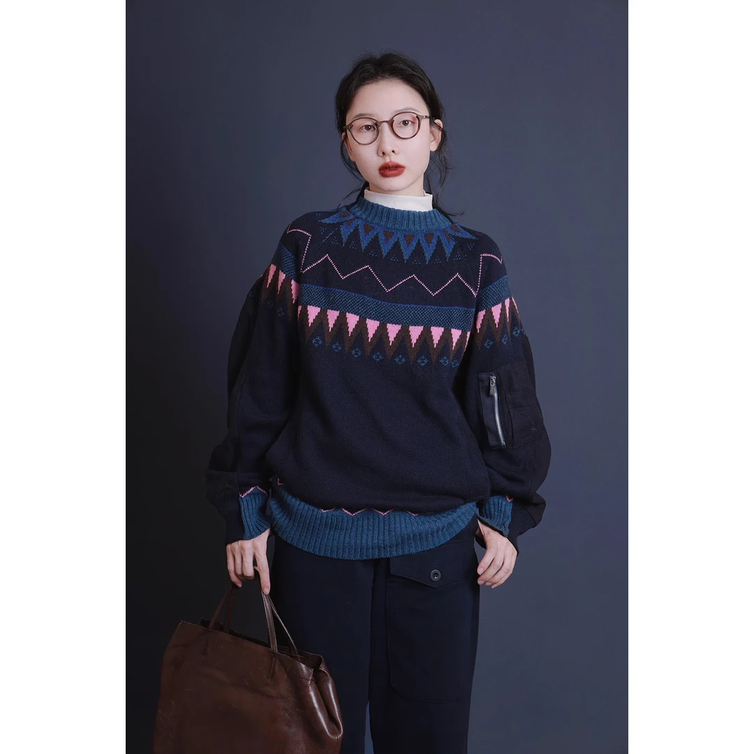 （回馈款）圣诞复古拼色通勤圆领毛衣女冬季宽松休闲别致长袖上衣