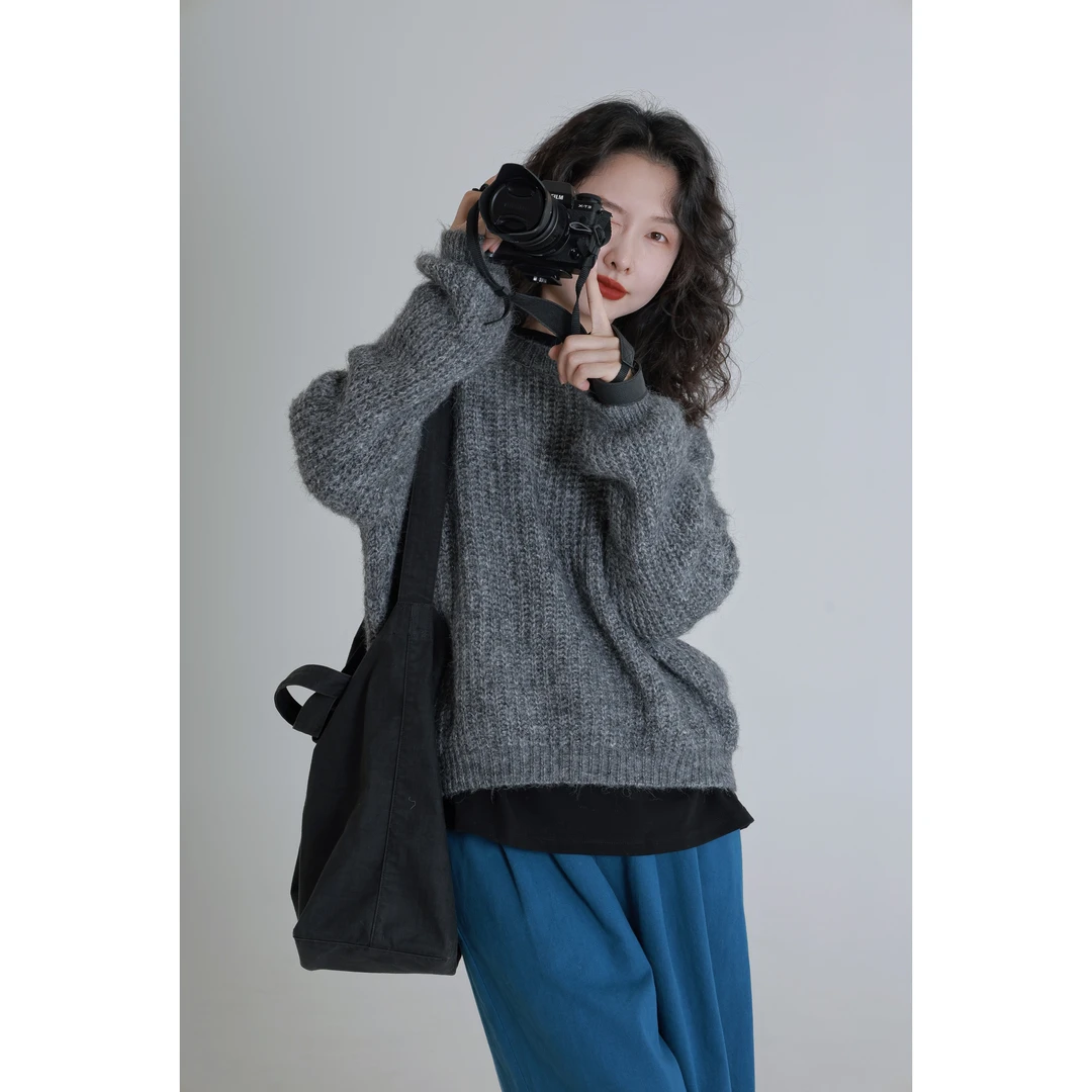 IVY YANG慵懒风复古圆领套头毛衣女秋季高级感宽松针织衫上衣