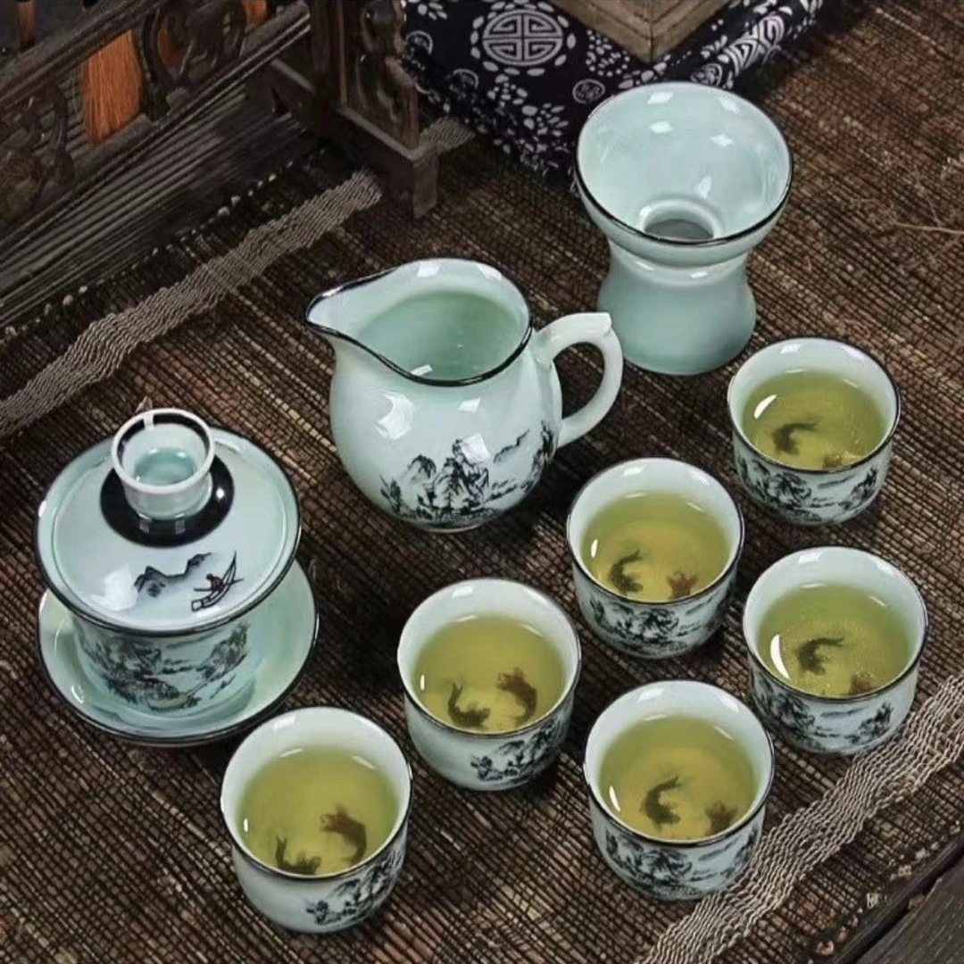 A 33山水人家茶具陶瓷家用整套装手工三才瓷盖碗纯手工高档茶碗