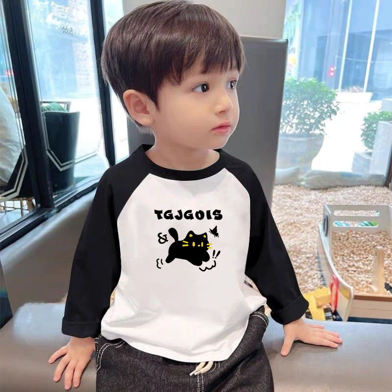 拼接袖男童T恤春秋韩系百搭圆领长袖撞色卡通洋气儿童宝宝衣服