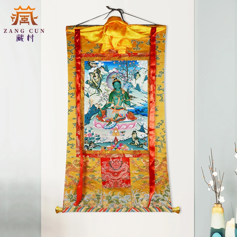 藏村《绿度母唐卡》家居唐卡装饰画矿物颜料藏式唐卡挂画玄关壁画