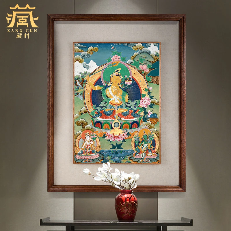 藏村手绘《文殊唐卡》挂画藏式客厅书房装饰画绘制艺术画