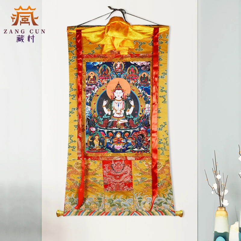 藏村《四臂观音三怙主唐卡》藏式唐卡挂画矿物颜料家居唐卡装饰画