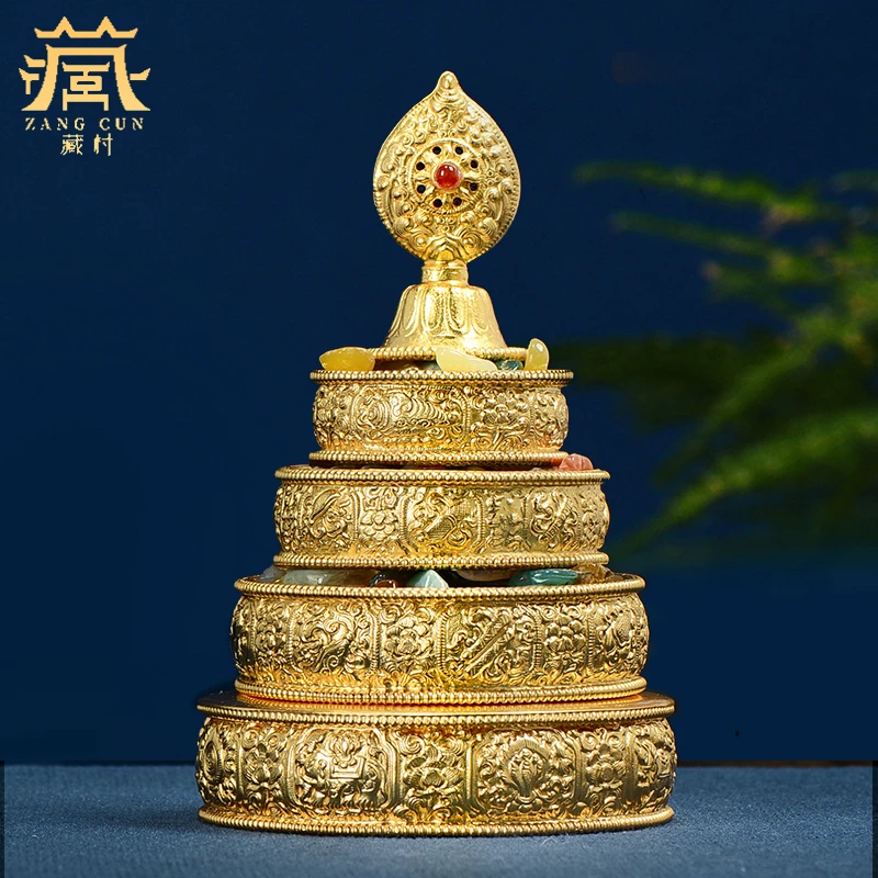 藏村《银镀金曼扎盘摆件》八吉祥花曼茶罗盘家用室内曼达盘摆件