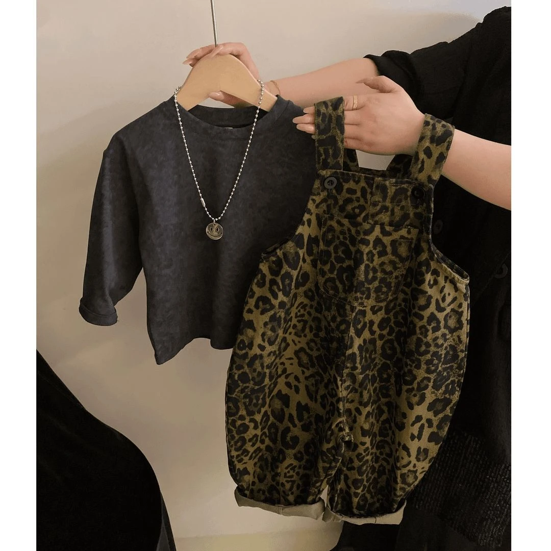 2025春夏季新品韩版中小童圆领打底衫男女童豹纹宽松 背带裤潮款