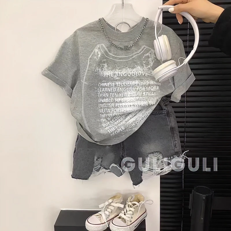 套装组合男童夏季新款韩版字母印花休闲简约宽松T恤破洞牛仔短裤