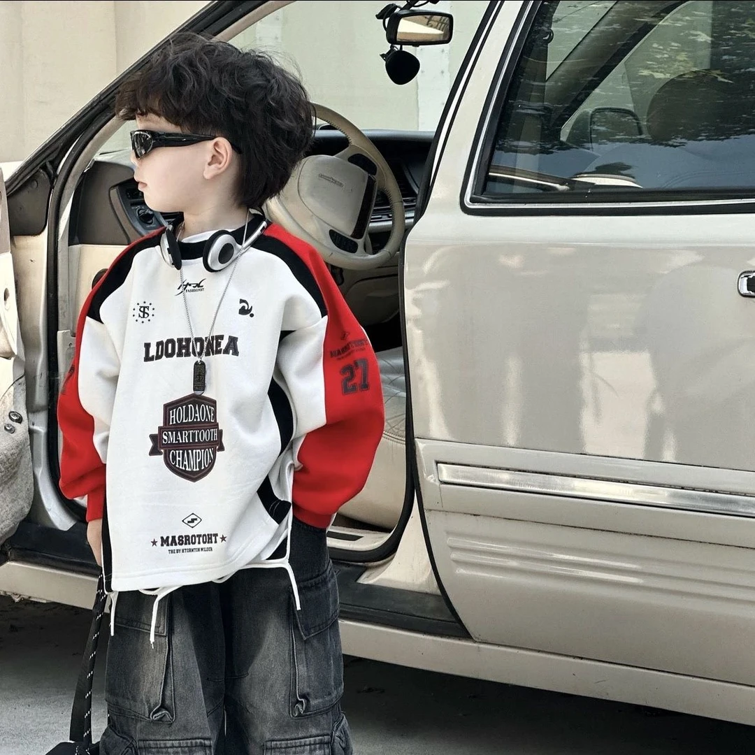 男童秋款撞色卫衣复古牛仔裤套装2024新款男女宝宝时尚洋气两件套