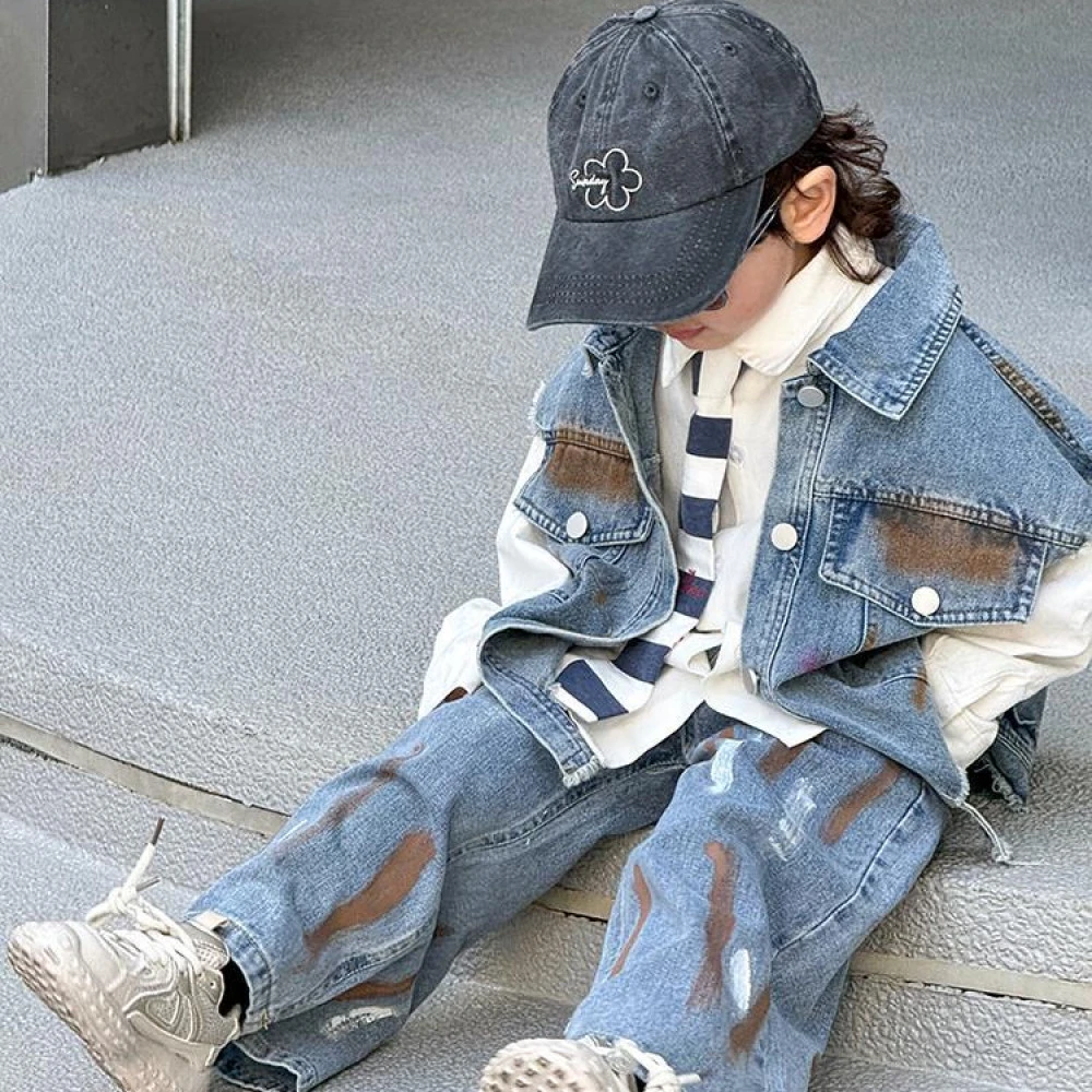 儿童春秋款2024潮酷牛仔马甲男孩帅气百搭街舞夹克上衣三件套装