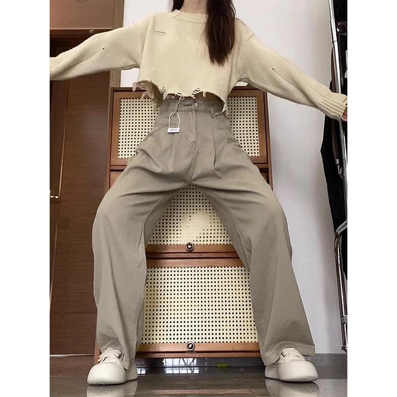 美拉德褶皱阔腿牛仔裤女秋冬大码宽松高腰显瘦设计感直筒拖地裤子