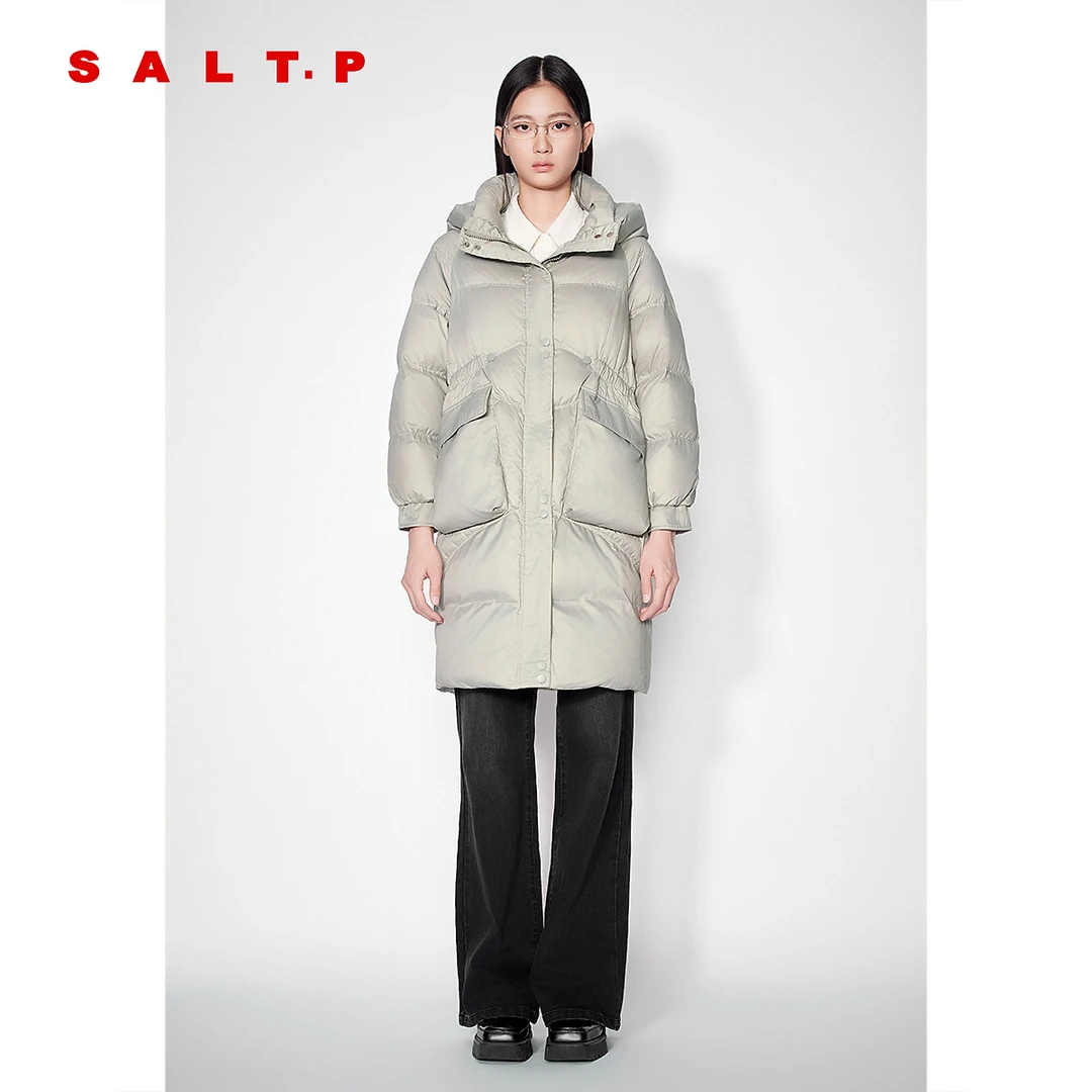 SALT.P可颜白鸭绒立体袋抽绳大廓型长款立领冬季连帽羽绒服冬