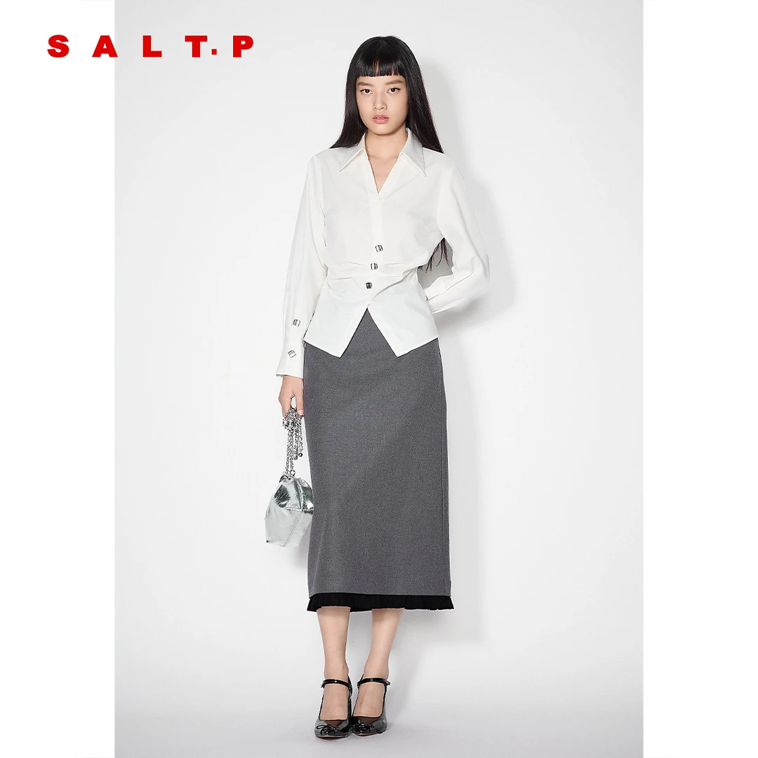SALT.P可颜精致时髦V领压褶收腰显瘦白色衬衫女2025春新款