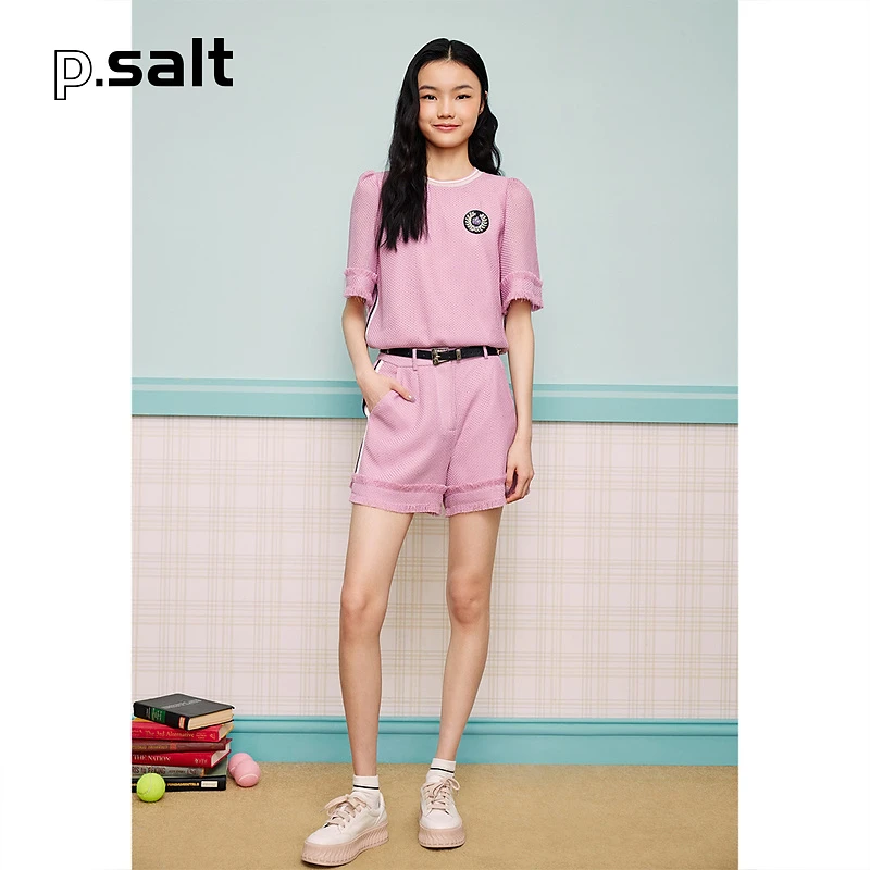 可颜女装夏季学院风肌理圆领短袖T恤短裤休闲运动套装6J53270050
