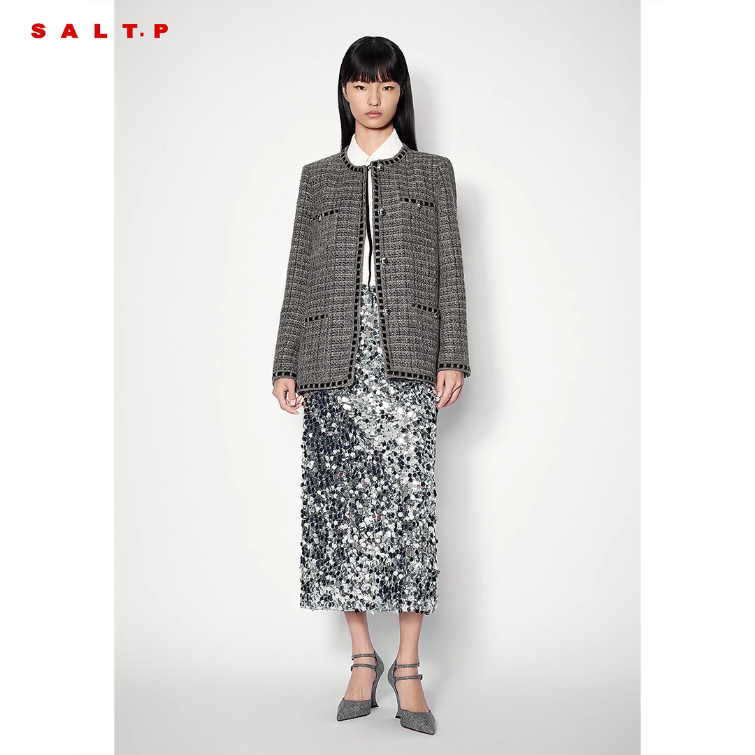 SALT.P可颜复古冷调深灰花纱肌理感粗花呢小香风短外套冬