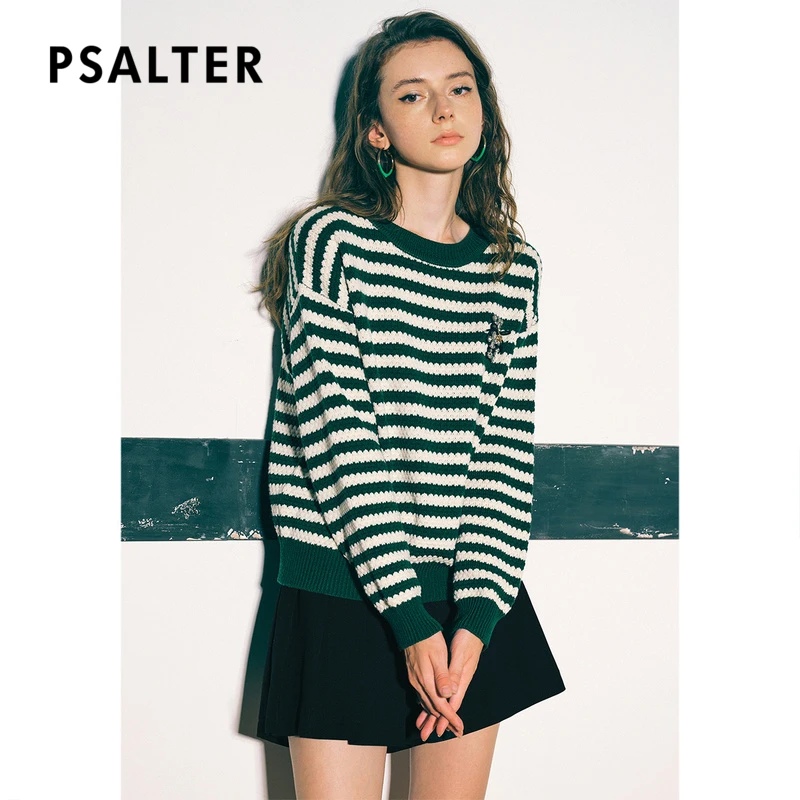 诗篇专选冬季慵懒风宽松圆领撞色条纹钉珠毛针织衫6C62506025