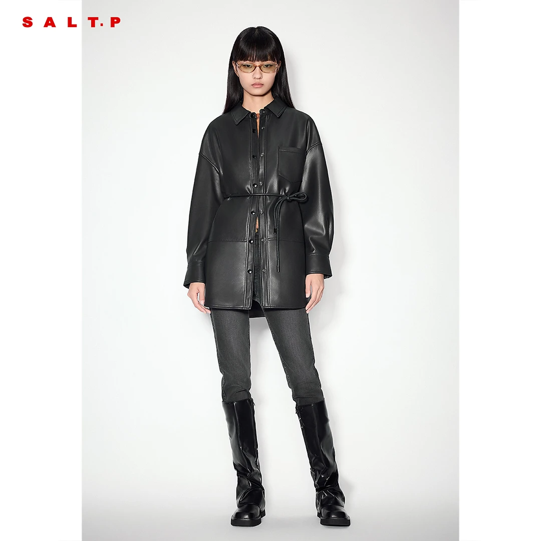 SALT.P可颜简约复古挺廓H型抽绳收腰短款绵羊皮外套皮衣春游