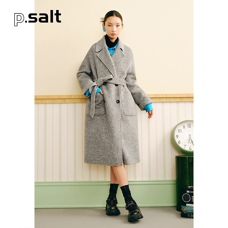 可颜女装冬季翻领系带羊驼毛桑蚕丝双面呢毛呢大衣AC53580440