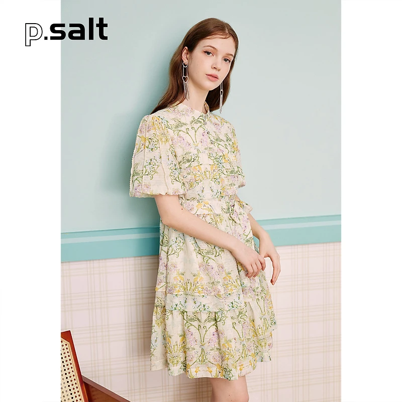 可颜数码印花法式田园风泡泡袖系带打褶度假风雪纺裙连衣裙夏