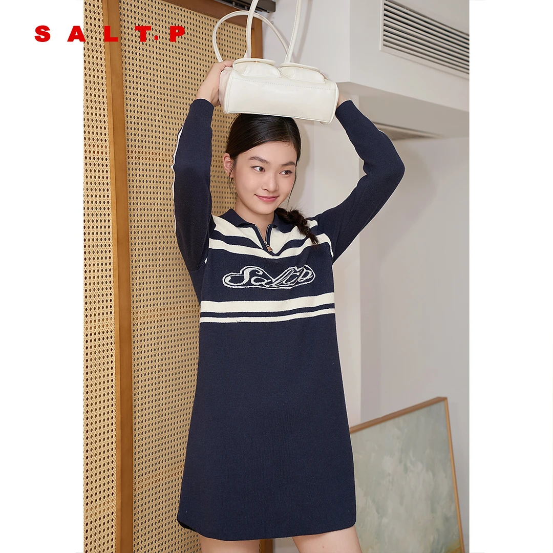 SALT.P可颜休闲学院风撞色条纹运动感毛织裙连衣裙冬