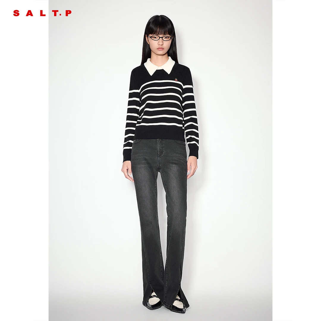 【美丽诺羊毛】樱桃可可SALT.P可颜假两件学院风条纹针织衫冬
