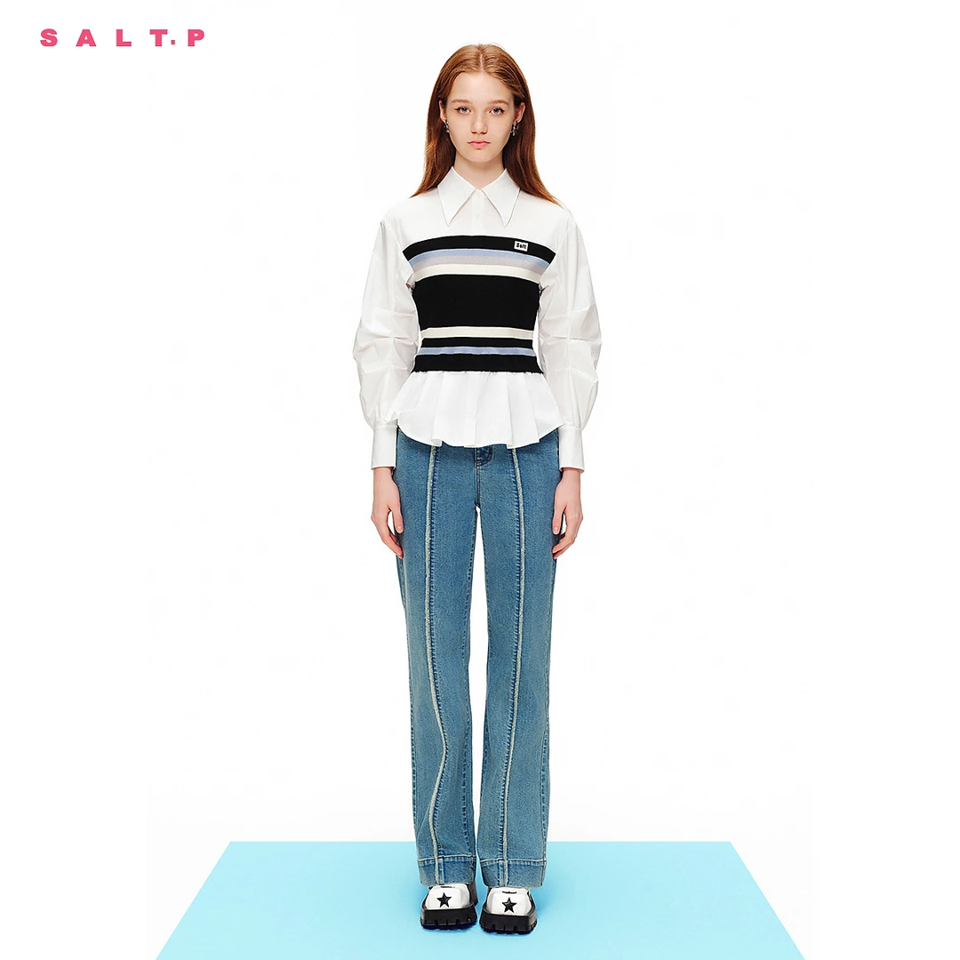 可颜女装春季摩登学院风衬衫拼接条纹针织衫