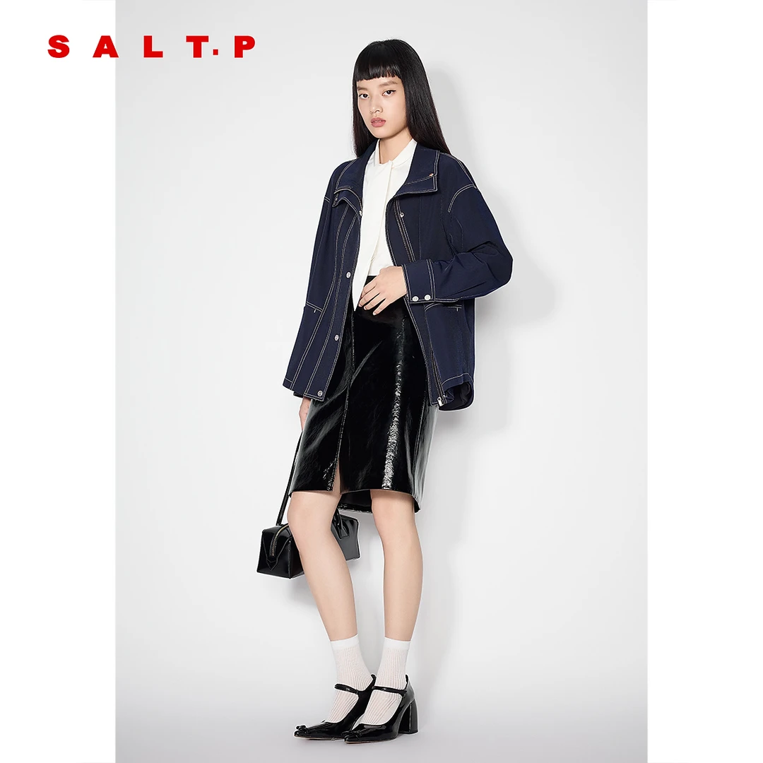 【玫瑰香面料】SALT.P可颜藏蓝撞色明线落肩立领外套2025春新款