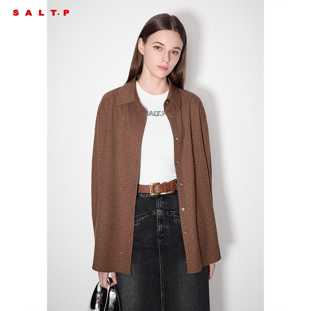SALT.P可颜宽松翻领复古咖啡色烫钻格纹长袖衬衫秋