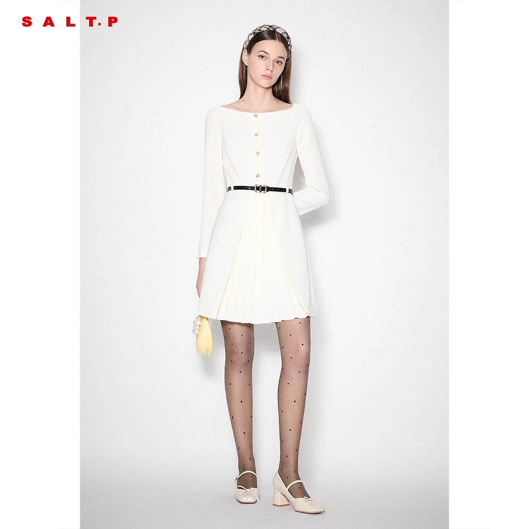 SALT.P可颜简约方领收腰压褶学院雅致俏皮感连衣裙秋