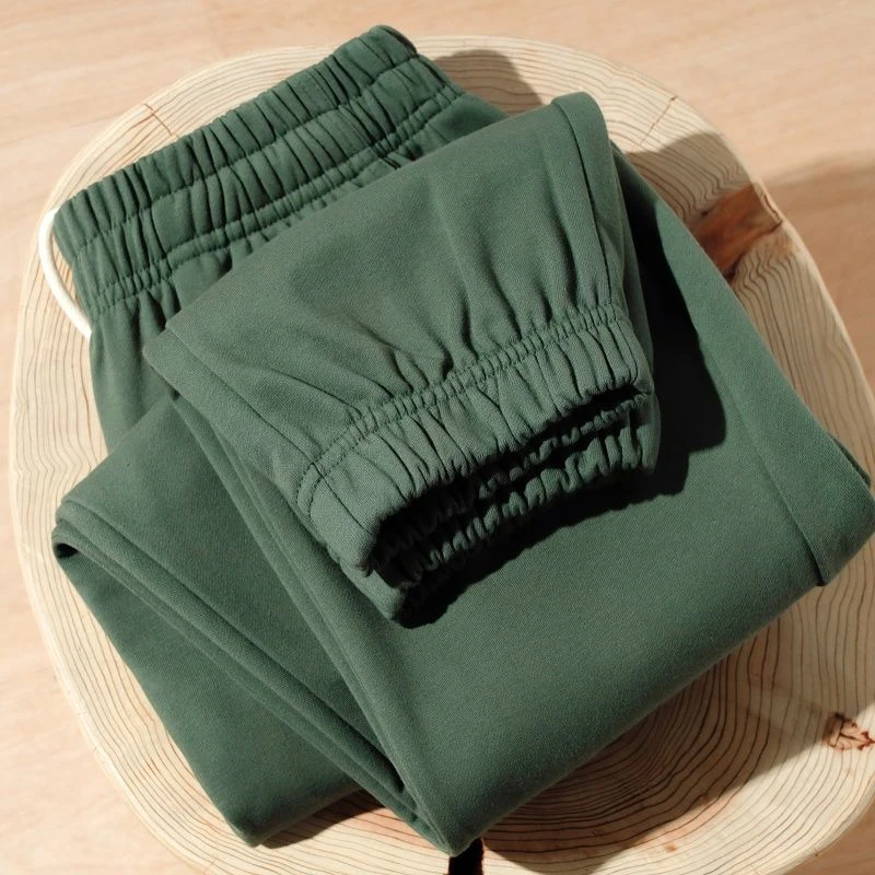 320g重磅军绿色束脚卫裤宽松复古墨绿色深绿色休闲运动裤男士秋冬