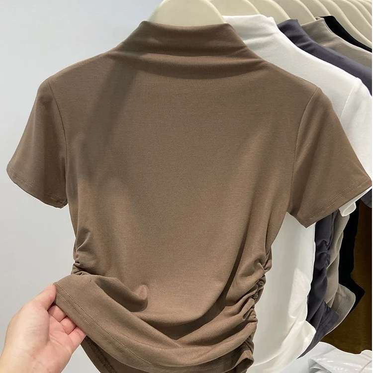 半高领气质收腰短袖打底衫女2025秋季新款别致修身显瘦洋气上衣潮