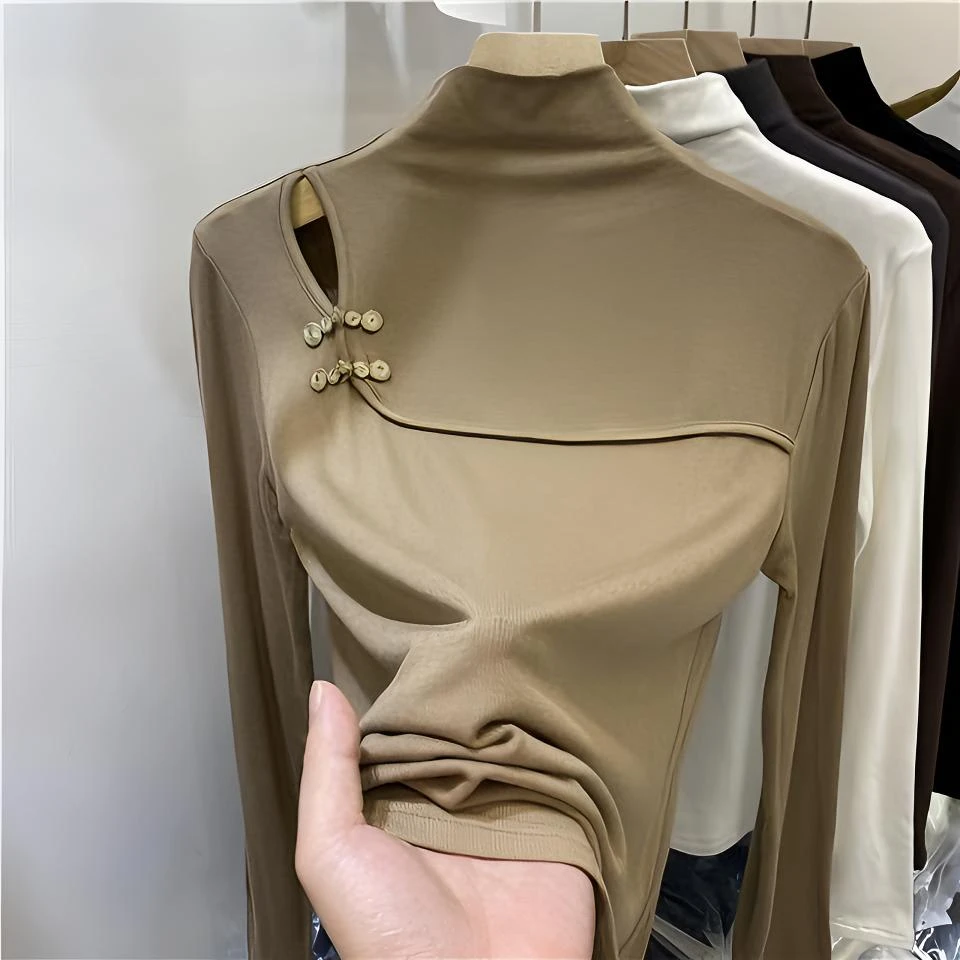 2025秋冬新款半高领镂空露肩国风纽扣长袖t恤修身洋气打底衫女潮