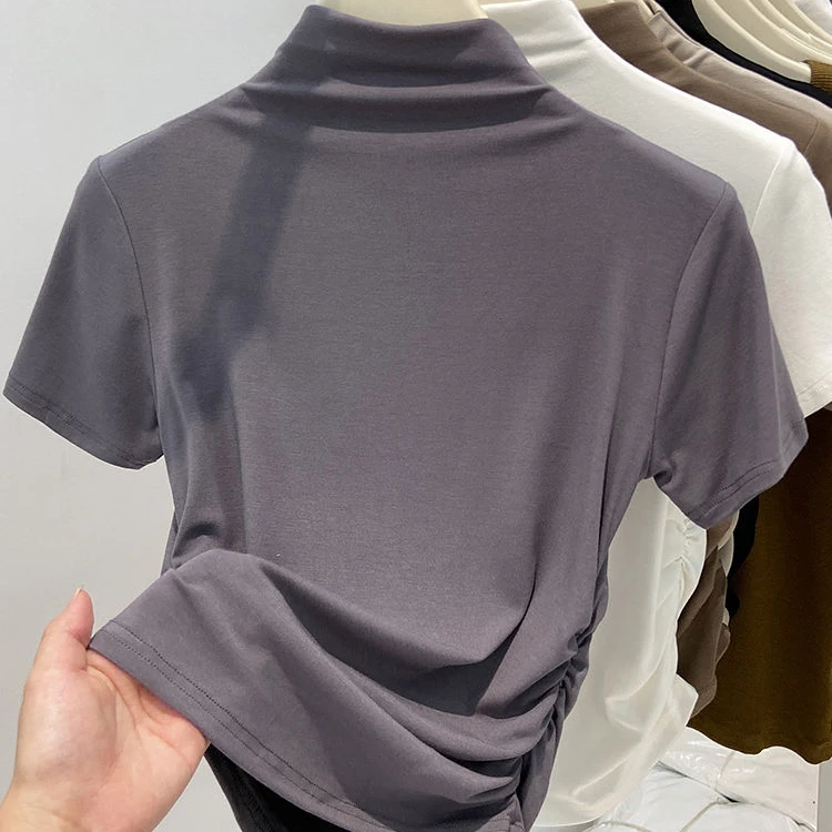 2025早秋新款压褶收腰半高领短袖打底衫女别致辣妹修身内搭体恤衫