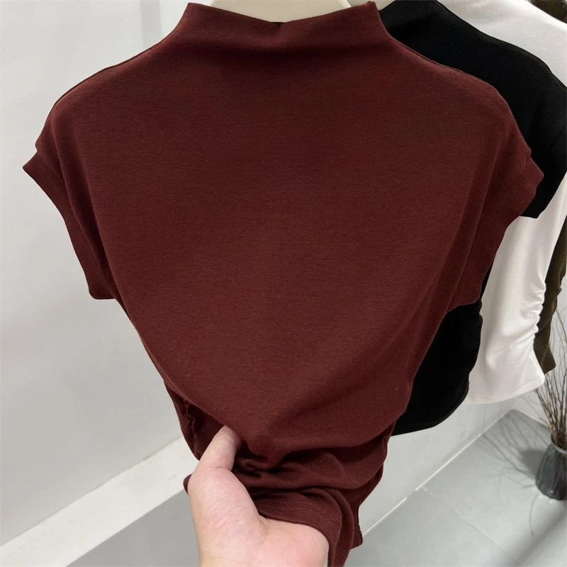 安可拉红春秋季新款气质半高领短袖T恤女内搭修身显瘦打底衫上衣