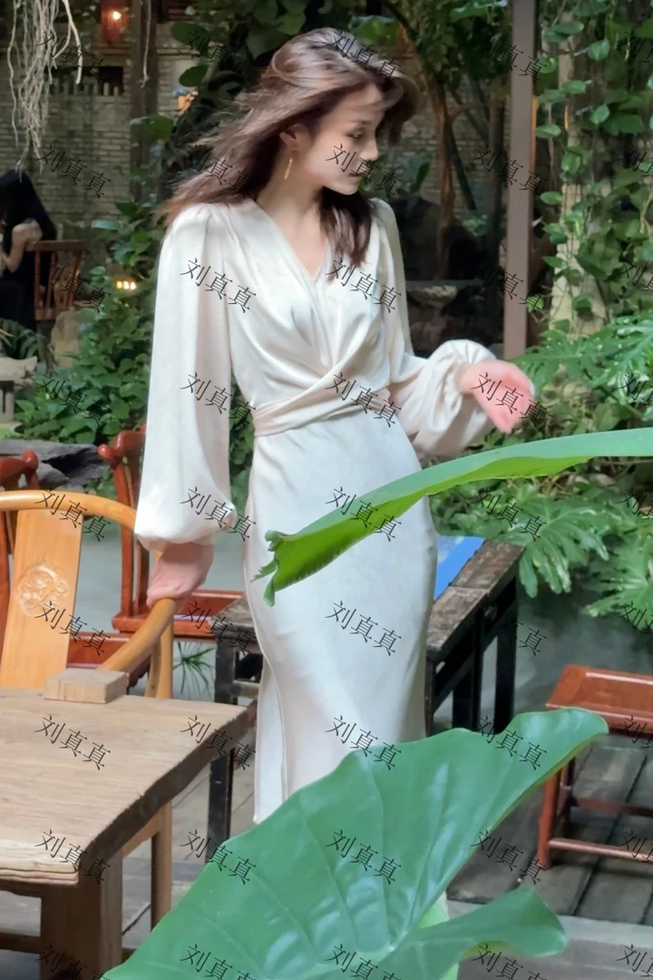 【刘真真典雅女神】Z117法式长袖气质v领显瘦一片式连衣裙ZJ 禁机洗