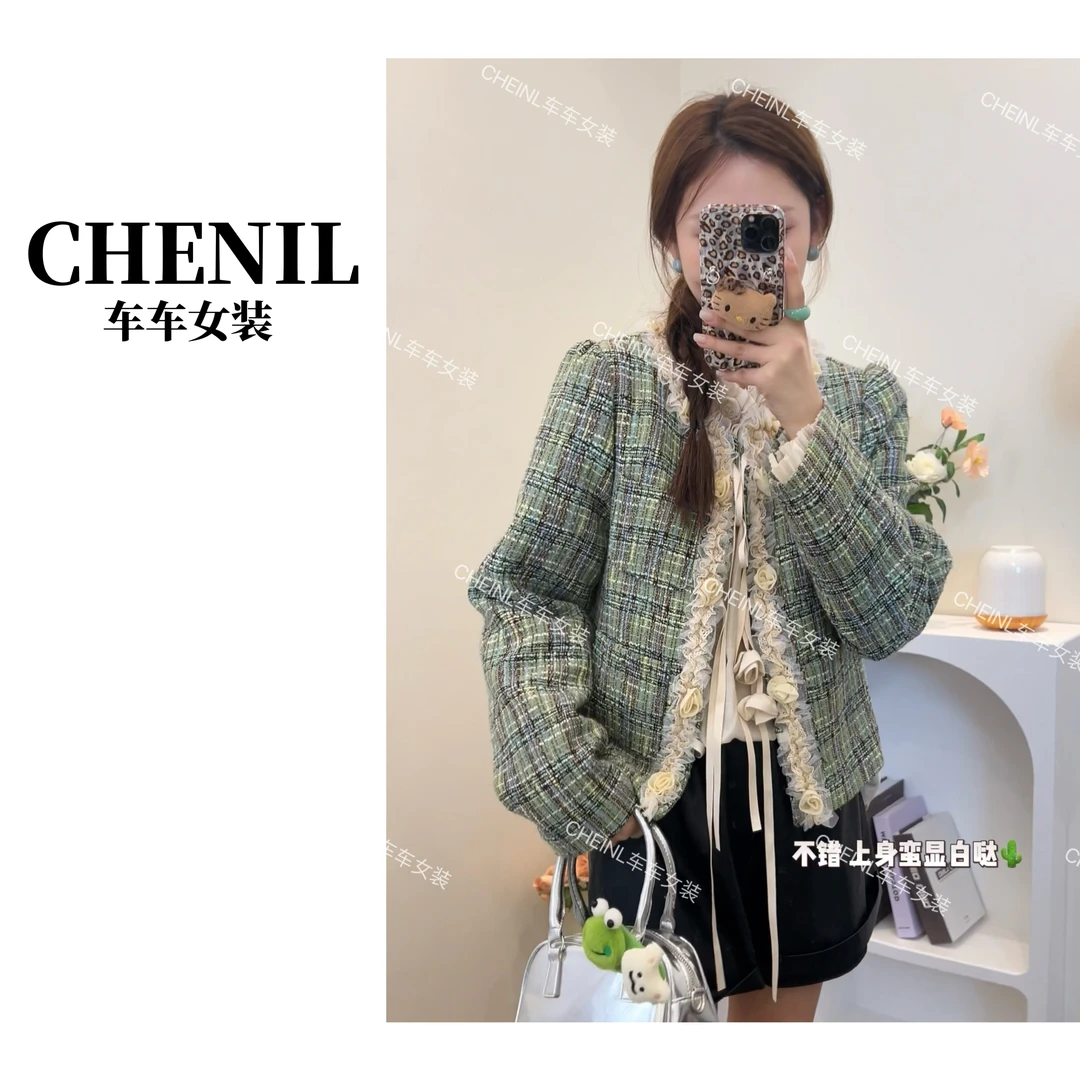 CHECHE【绿野仙踪】超显白的小香风外套格纹蕾丝花边