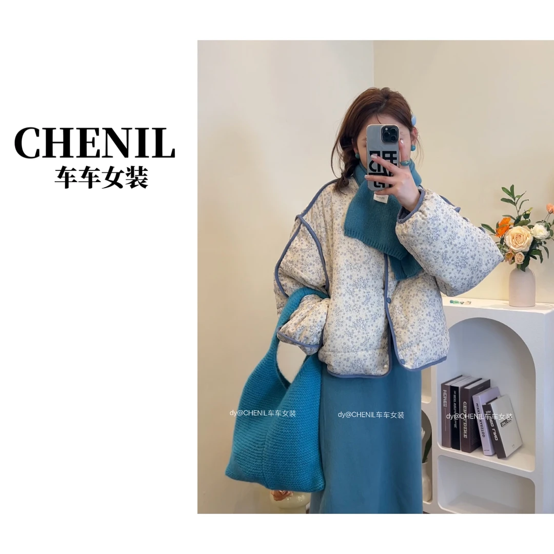 CHECHE【小碎花】冬季新款小碎花立领撞色设计感棉服棉衣外套