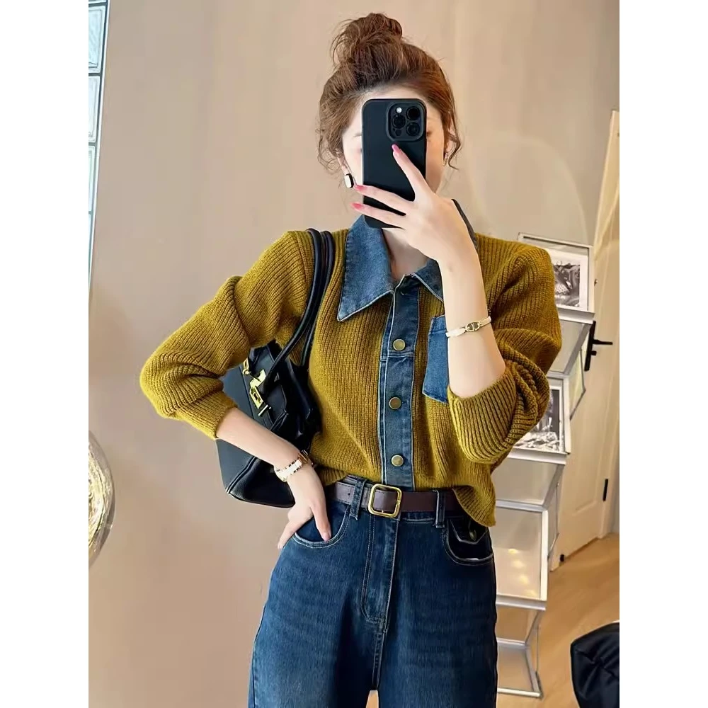 秋冬女装假两件POLO领短款上衣女牛仔衬衫领拼接针织开衫毛衣外套