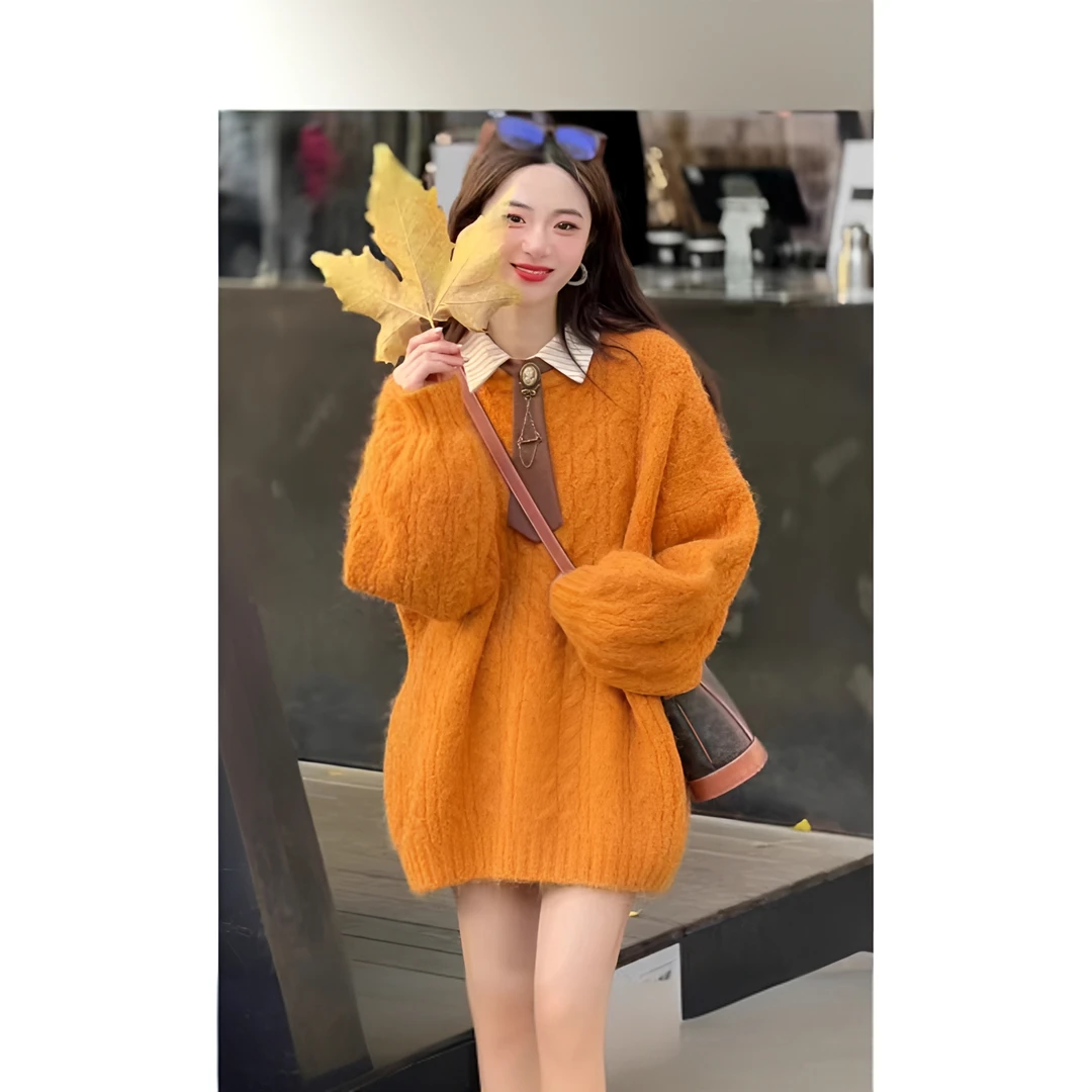 宽松慵懒风毛衣女秋冬季春游新款美拉德穿搭套头针织外套加厚上衣