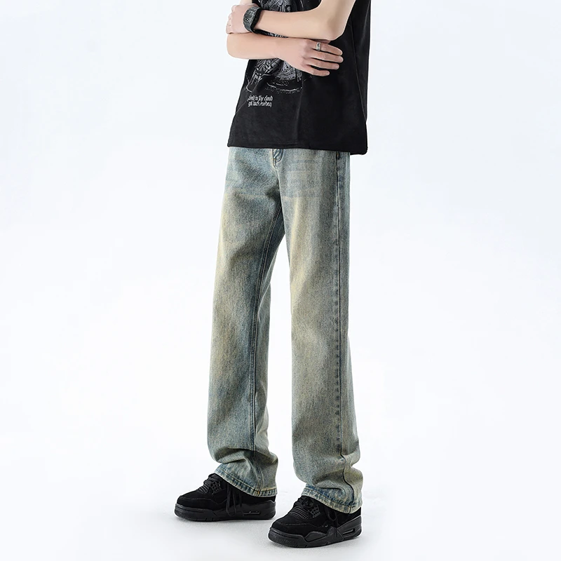 复古蓝窄版修身牛仔裤男秋季vintage水洗美式裤子高腰显瘦微喇裤