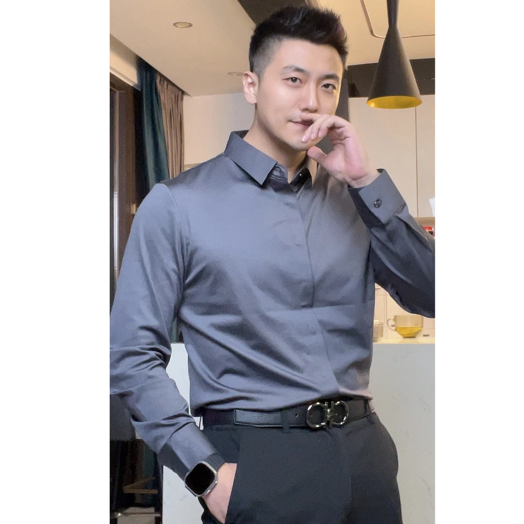 Allen同款高端暗门襟长袖衬衫凉感无痕弹力商务正装