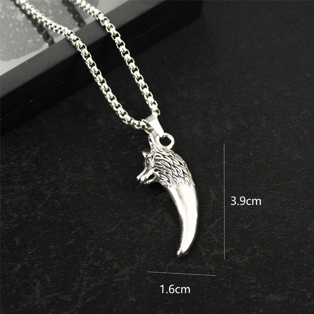 锌合金合成锆石项链 欧美复古狼头毛衣链小众男士霸气狼牙钛钢链