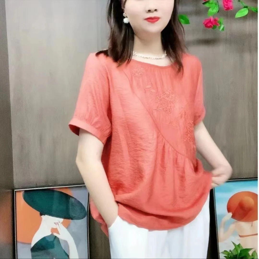 夏季新款气质短袖上衣绣花宽松遮肉显瘦纯色百搭圆领t恤小衫天丝