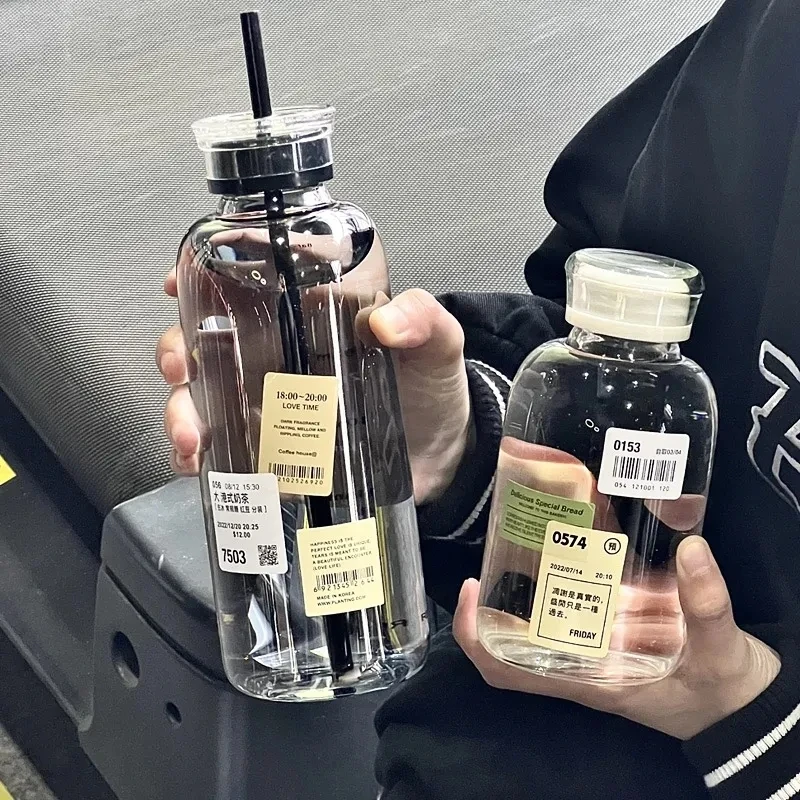ins风双盖时间刻度玻璃杯夏季大容量水杯果汁杯子透明便携网红杯
