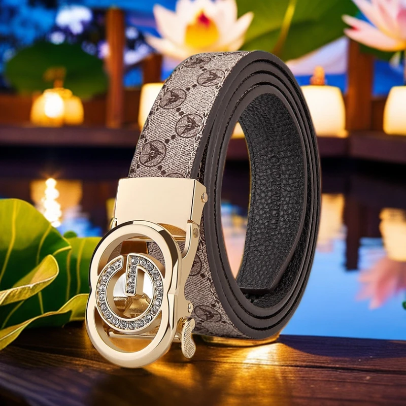 英皇保罗红皮带女士休闲时尚真皮自动扣头层牛皮腰带时尚百搭皮带