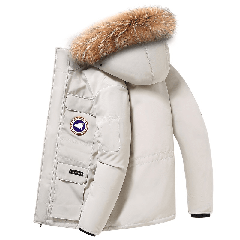 工装羽绒服跨境男女情侣08远征派克服白鸭绒纯色外套大貉子毛领