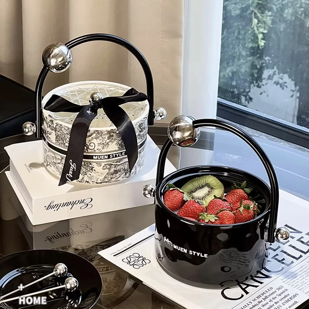 满氛陶瓷手提水果篮客厅茶几零食摆放盘大容量糖果干果收纳果篮