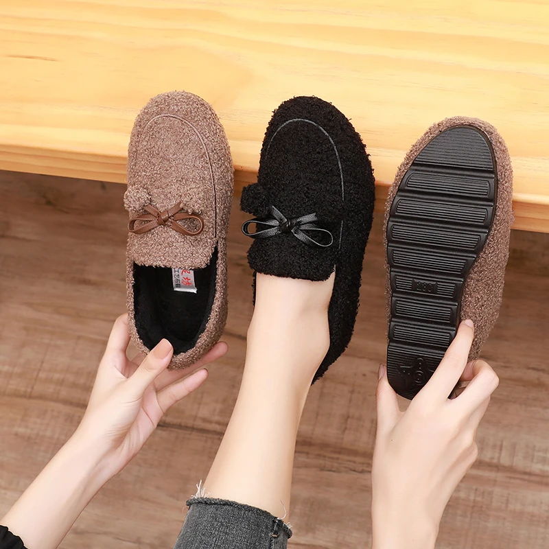 韩版网红女款毛毛鞋老北京布鞋软底秋冬季加绒平底保暖棉豆豆鞋