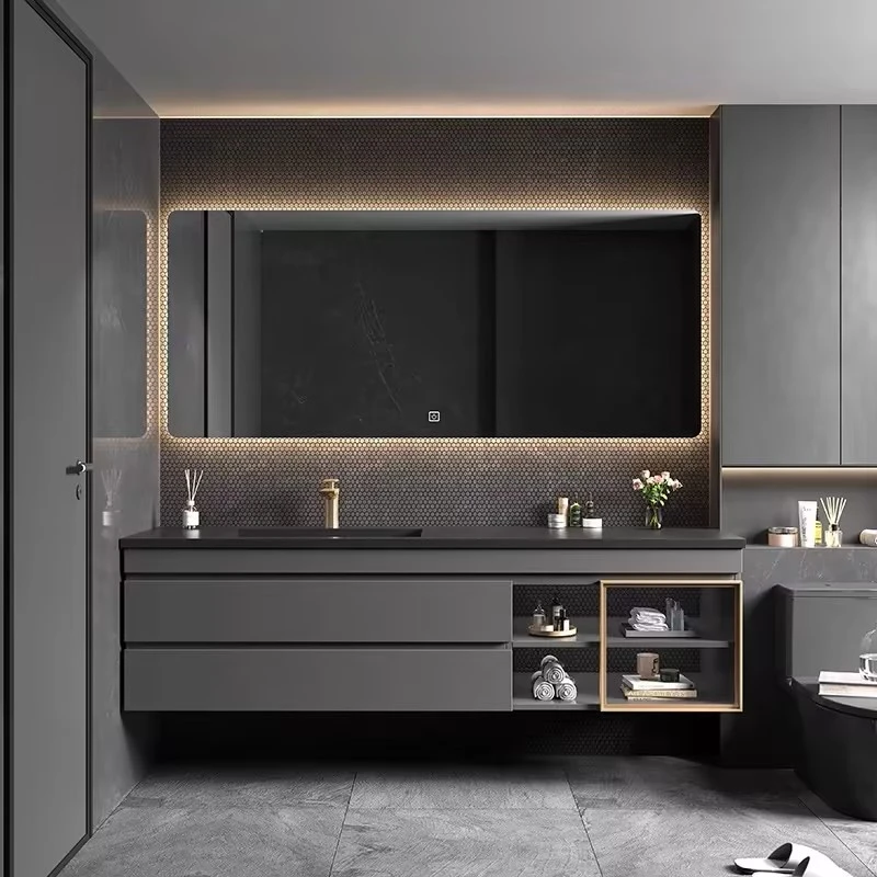澳西施轻奢浴室柜组合岩板无缝陶瓷一体盆现代简约卫生间浴室柜镜