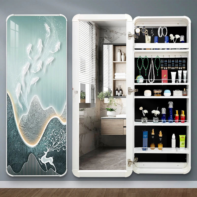全身镜化妆品首饰收纳一体推拉壁挂式女生卧室入户玄关壁画穿衣镜