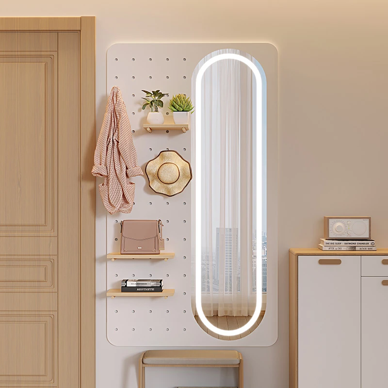 全身镜洞洞板卧室玄关带灯日式试衣镜壁挂穿衣镜挂衣帽架镜子一体