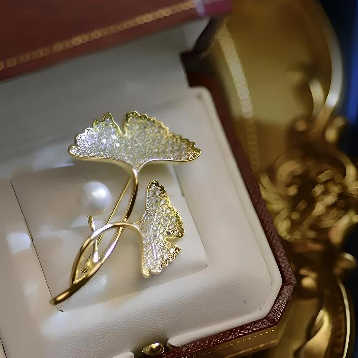 铜合金仿珍珠胸针 银杏叶西装别针高雅气质大衣外套胸花简约轻奢